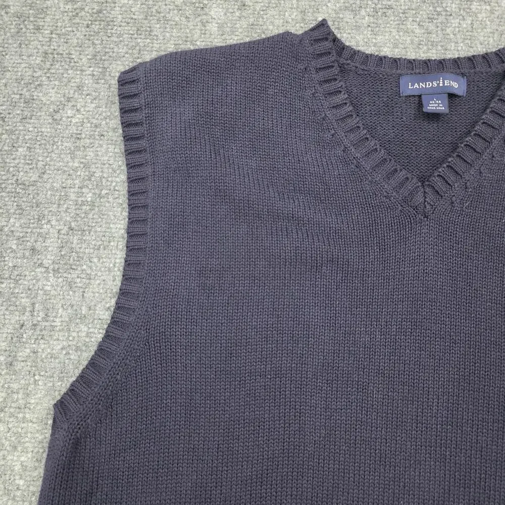 Vintage Lands End Sweater Vest Mens Large Blue Navy V Neck Knit Pullover Casual